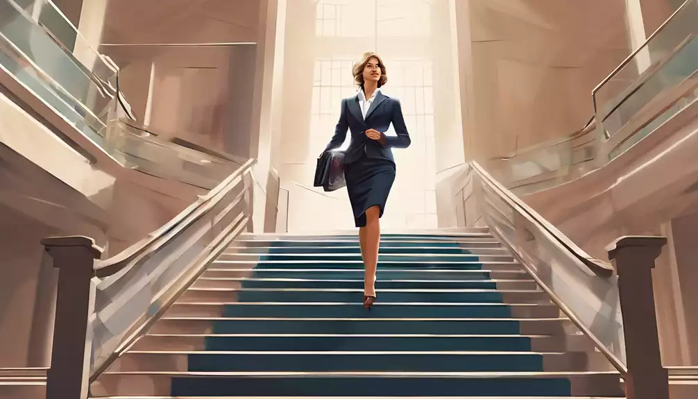 a mature, confident executive ascending a staircase made of distinct branding elements like a logo, color palette, personal style and a powerful pose