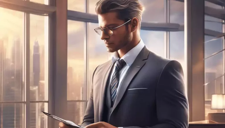 "Close-up of a confident, well-dressed executive, against a backdrop of a modern corporate office, holding a classy pen, with different seasonal elements subtly incorporated."