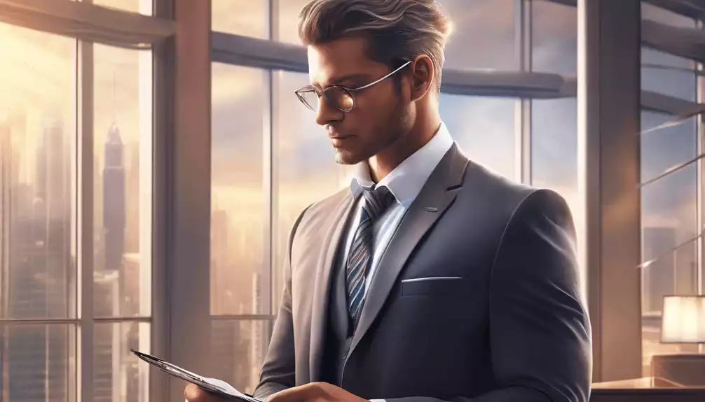 "Close-up of a confident, well-dressed executive, against a backdrop of a modern corporate office, holding a classy pen, with different seasonal elements subtly incorporated."
