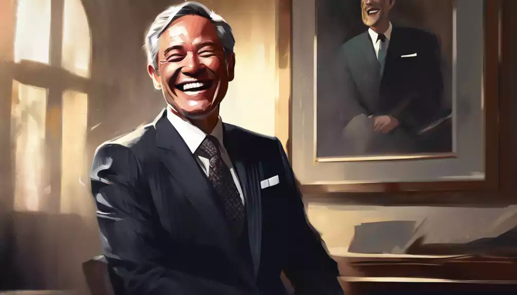 An elegant, mature leader, mid-laugh in a chiaroscuro-lit portrait, styled in a classic suit, with abstract brush strokes of various portraiture styles subtly layered in the background.